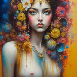 iv_a painting of a young woman, figurative art, an acrylic detailed painting, , brush strokes, paint drips and drabs and splatters by Harumi Hironaka, turquoise pink and yellow, james terrell art, trending on artstation, soft lines,intricate art by bastien lecouffe deharme and greg rutkowski