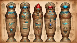 (JEWELED BLUEPRINT) schematic of ancient Egyptian (alien mummy) canopic jars, weathered parchment background with silver filigree edges, bold lines, vivid tattoo ink, shiny glass jewels, bold (colorful hieroglyphics), 8k resolution, epic, beautiful, masterpiece, trending on Artstation, deviantArt, ultra detailed, sharp focus, red yellow and black, deep color, vibrant, wet, gloss