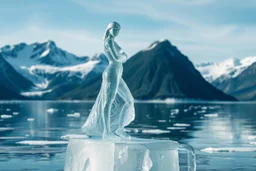 in a frozen sea with pretty mountains a full model lady statue made of frozon water in artist pose standing over a ice block looking at camera, of clear glass like ice that going to melt and water drops fall from all body.