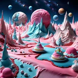 detailed creepy landscape made of cake frosting, cotton candy, ice cream, strong texture, extreme detail, octane render, stars and planets, Yves Tanguy, Max Ernst