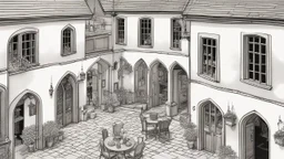 A Paved Courtyard, With Tudor Gothic Houses, Tall twisted Chimneys, warped Rooves, People, Shops,