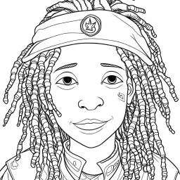 Coloring page for toodlers, with a cute rastaman, very Bold outlines and white background, anime style, minimal number of elements, very simple