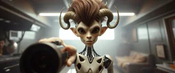 nephilim ai meat grinder camera meetup selfie smart transcendent innocent little humanoid with big hairdo and no horns pointing at camera