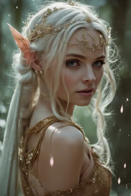 Pointed elven ears,Blonde hair ,Pink dress,Sparkling fairy wings,Very long golden hair,Fairy crown,pointed ears,elven ears,fairy wings,water lilies,sparkling,glittering,flowers,blossoms,golden crown,light pink dress