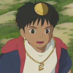 small black child, running, wearing a jeweled cap with feather, two gold chains and a cloak over his doublet,