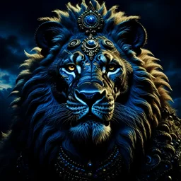 Upscale orkand almost leads to the extinction of lion musk king with chrown, in an accurate revenge scheme,Dramatic, dark and moody, inspired style, with intricate details and a sense of mystery Blue background