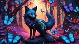 A beautiful black and red long tailed fox covered in luminescent cyan and purple butterflies in a gold and iridescent forest, Kim onyskiw, 8k splash art, spray paint, oil gouache melting, polychromatic, ultra_detailed, ultra_quality, CGSociety, Hyperrealistic, intricately detailed, colour depth, Perfect Composition, Hyperrealistic, splash art, concept art, mid shot, intricately detailed, color depth, dramatic, 2/3 face angle, side light, colorful background