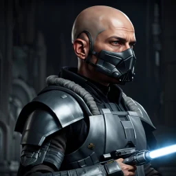 star wars bald male corellian pilot wearing pearlescent black and gunmetal grey First Order special forces heavy assault stealth commando armor and helmet with gold trim inside the jedi temple, hyperdetailed, dynamic lighting, hyperdetailed background, 8k resolution, volumetric lighting, light skin, fully symmetric details