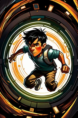 gimme a book cover photo which a boy 11 year old with dark hair has the timex stopped watch on wrist and he is jumping into a portal