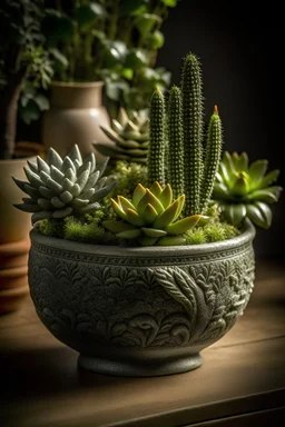 Generate a magical image of a mini concrete succulent planter with a forest fantasy theme, incorporating enchanting engravings of miniature trees, woodland creatures, and whimsical patterns."