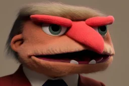 Angry muppet trump in suit, no tongue, looking forward, face, smaller, round puffball nose, eyebrows