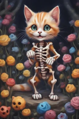 an oil painting of a cute colorful chibi skeleton cat, happy smiling, playing, intricate, highly detailed, matte painting, complex, storybook illustration, hyperrealistic, 4k