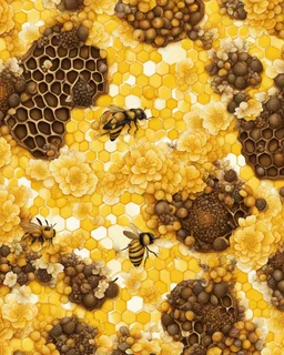 honeycomb and beehive on a yellow floral background