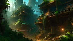 Distopian cyberpunk jungle settlement, fantasy, digital art