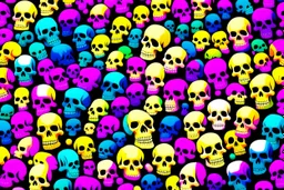 a field of 1000s of cartoonish, anatomically correct, skulls, vivid RANDOM BRIGHT neon colors, dark comedy, well lit, high detail, photorealistic, horrorcore, fun, scary, none featured, each a different color or hue,