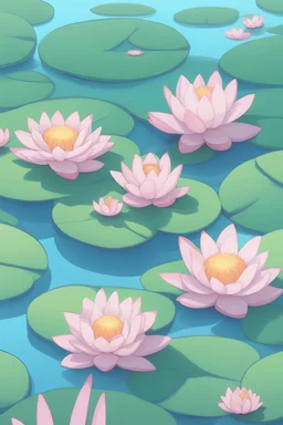 a bunch of water lillies floating on top of a body of water, digital art, by Ryan Yee, Artstation, pinterest wallpaper, ruan cute vtuber, detailed symmetry!!, blossom, cute cartoon style, patterns, illustration », avatar image, print!, libra, on top of it, greg ]