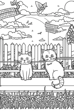 coloring page for kids, Cats on a fence, cartoon style, thick lines, low detail, no shading