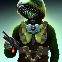 Alien, snake, metaljellyfishsombrero, vest, hands, holding gun, holster, steel military boots, squishy, chest plate, oxygen mask, bulbus nos snout, reptile pupil, blasterrifle