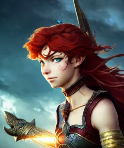 portrait, beautiful stunning warrior lady and goddess, babycore red short hair, ice eyes, fantasy atmosphere, styled by Corrado Vanelli, Norman Rockwell, Boris Vallejo super detailed, Studio Ghibli, Anime Key Visual, by Makoto Shinkai, Deep Color, Intricate, 8k resolution concept art, Natural Lighting, Beautiful Composition