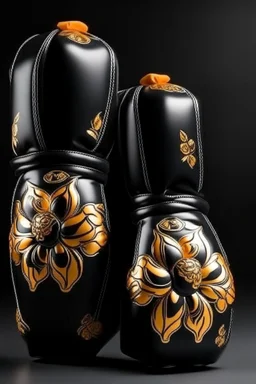 Boxing gloves with black punching bag embossed with golden tiger lily flower