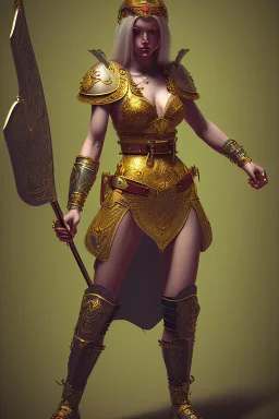 lady warrior with gold short top and flower