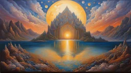 oil painting, majestic, festive, divine, fantasy world, corpuscular, restrained, geometric, beautiful composition, exquisite detail