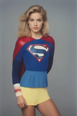 1980's yearbook photo, teenage girl, Kara Zor El, 18 years old, blonde hair, 80's hairstyle, Supergirl, photorealistic, --ar 9:16 --style raw, full body image, head to toe,