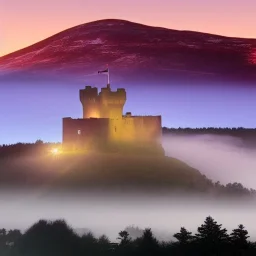 picture of a scottish castle at night with fog