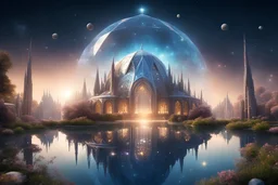 harmonic cosmic city with several magic and beautiful smal garden and great building, a magnificent environment, cosmic, faceted dome, crystals, lake. infinitely many details. starry sky, sparkles of light. high definition, 4k, cosmic star sky