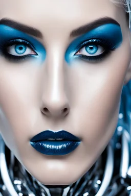 a raw photo portrait of a fembot looking at the viewer, attractive, accessories, highly detailed, blue eyes, white background, extreme closeup on face, pores, crying, scared, blue artificial skin, chrome plating framing face, artificial rubber skin, black latex lips, shiny skin, runny mascara, running mascara, mind control, ((mouth wide open)), ((tongue out)), maid, portrait, artstation, deviantart, matte painting,