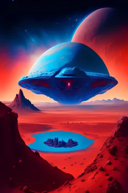 Alien space ship on a view of a red planet with a blue minerals