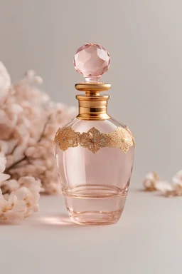 an exquisite crystal potion bottle, pink tint with fine gold detailed, crystal topper