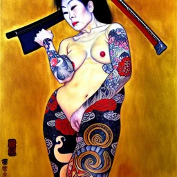 dibujo al oleo de cuerpo entero de una mujer yakuza con tatuajes y con katana estilo Gustav Klimt