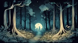 comic style, a mythical forest, at night