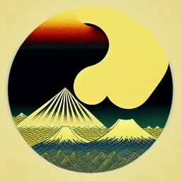 Ukiyo-e styled art, yin and yang sign, mountains and sun