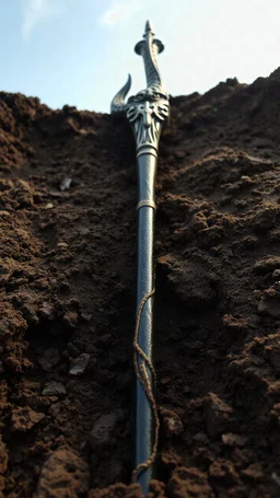 Archaeological dig, Viking staff unearthed in soil, iron serpent head glinting in morning light.