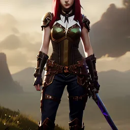 realistic, hyper detailed, stunningly beautiful 16 year old teen girl, long ginger hair, green eyes, medium freckles, full lips, revealing leather armour, full body and head, c-cup breasts, stern expression, full frame, petite, ignore NSFW, shortbow, quiver on hip