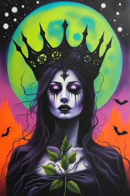 a woman wearing a thorny crown of black roses and weeping black tears, Halloween, bats, full moon in a nebula sky, neon spray paint, acrylic paint, fantastical surrealist world, in the style of Stephen Gammell, extremely detailed Zentangle style, sick, gothic, eldritch, candles, neon grape purple, dayglo orange, chartreuse green, Halloween