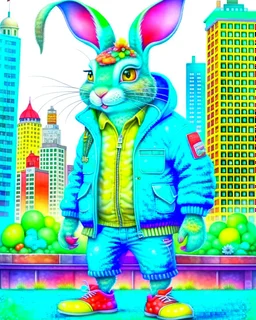 Conejo alienígena antropomorfico con chaqueta, Jens, tennis y gorra en la ciudad, full body, arte de acuarela, calidad ultra, hiperdetallado, maximalista, increíble obra de arte, 12k