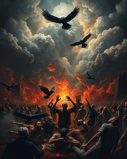 Bosch painting style, nightmare , people suffering in hell , dramatic, great quality picture with cinematic scenes , show only heavy clouds and black birds in the background