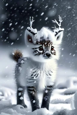 Create a white black Fluffy reindeer Mixed with a kitten in the Snow playing in the background is snowing but is very SCARY