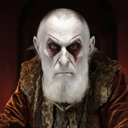 very grainy discolored modern photo, closeup portrait, dark ancient hall with no lights, grunge, extremely old male with chalk-white skin wearing old dashing and opulent gilded clothes, threatening, imposing, nosferatu