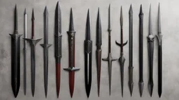 high res photo of klingon weapons in a line batleth tahg mekleth gintak mevak kligat kurleth kutluch tajtiq