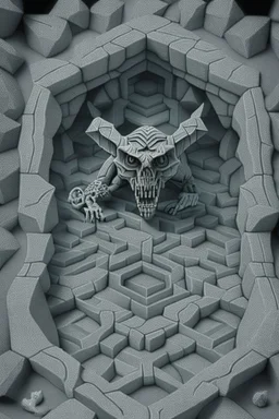 hexagon stone labyrinth featuring gargoyle skeleton in the style of escher, 8k, trending art