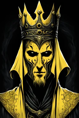 Hastur- the king in yellow, profile picture, his face is hollow and peering to the side, he is wearing a yellow iron crown , the crown is minimalistic and ruggedly forged, his face is behind a grotesque mask, a dimly lit ghostly light shines behind him, the background is a dark void, immaculate Renaissance dot shading,