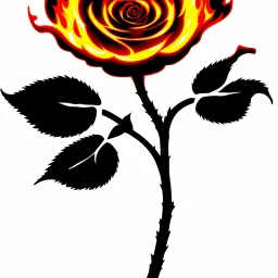 a fire with dark embers and the flames spiral outward like petals to make the shape of a rose flower(red) , black and red on white background