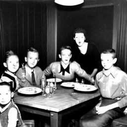 Creepy old photo of minecraft people sitting at dinner with weird children