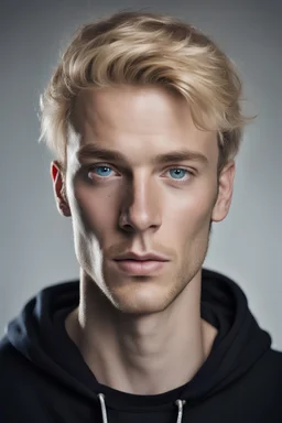blond 32 years old man, face with freckles. blue eyes, beautiful lips. Contemporary artist. make light for installations.. In a black hoodie. Earring on the right ear. Long eyelashes. Looks like in a depression