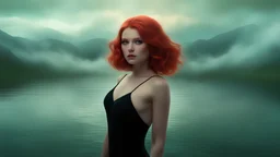 3D Bubbles, Floating hearts with an electrical current, fog, clouds, somber, ghostly mountain peaks, a flowing river of volcanic Lava, fireflies, a totally gorgeous woman with short, buzz-cut, pixie-cut red hair tapered on the sides, green eyes, wearing a black, sinister, mermaid dress