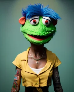 hybrid character, waitress sexy Asian woman with monster muppet mask that covers her entire head, yellow pop, short shirt, old school tattoo, retro style, Sesame Street style, neon, smooth, unreal engine 5, god lights, ray tracing, RTX, lumen lighting, ultra detail, volumetric lighting, 3d.